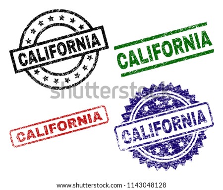 CALIFORNIA seal prints with corroded surface. Black, green,red,blue vector rubber prints of CALIFORNIA title with corroded style. Rubber seals with circle, rectangle, medal shapes.