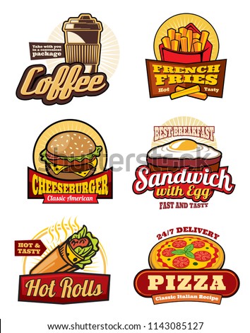Fast food restaurant retro labels. Hamburger, pizza and french fries, cheeseburger, coffee, egg sandwich and mexican burrito isolated badge for cafe menu or food delivery service design