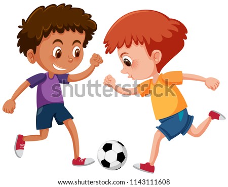 Boys playing football on white background illustration