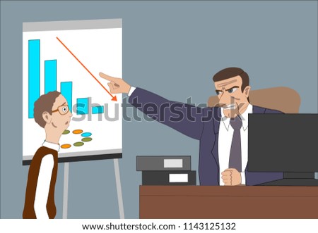 Angry boss with employee. Director worries about poor results and point at diagram at flipchart in the office. Work space with computer. desk, lamp, chair, printer for backgriund. Vector illustration