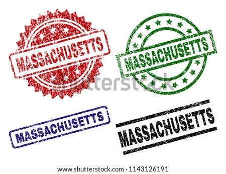 MASSACHUSETTS seal prints with damaged surface. Black, green,red,blue vector rubber prints of MASSACHUSETTS title with unclean surface. Rubber seals with round, rectangle, medallion shapes.