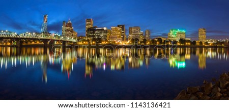Portland Oregon Downtown Waterfront City Skyline by Hawthorne along Willamette River during Blue Hour Panorama