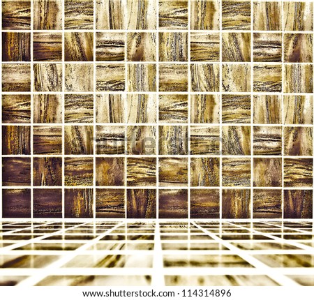 Background of golden mosaic interior, spacious vintage room with stone and glass tiled wall and floor