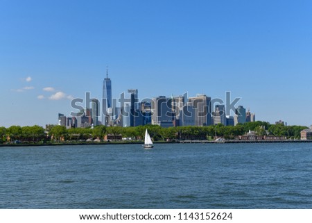 Downtown New York City as seen from the water from Brooklyn.