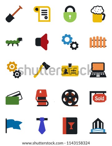 Color and black flat icon set - identity vector, lock, notebook pc, shovel, fence, axe, caterpillar, reel, book, sold signboard, wine card, beer, credit, sound, gear, flag, contract, tie