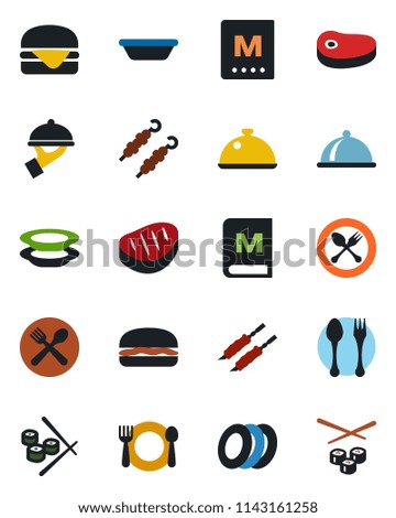 Color and black flat icon set - spoon and fork vector, dish, cafe, menu, plates, waiter, steak, kebab, hamburger, bowl, sushi
