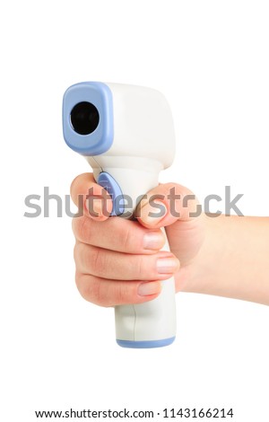 non-contact temperature measurement, hand holds non-contact thermometer isolated on white background
