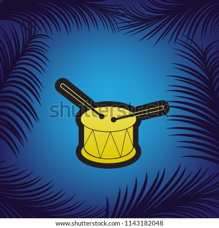 Drum sign. Vector. Golden icon with black contour at blue background with branches of palm trees.