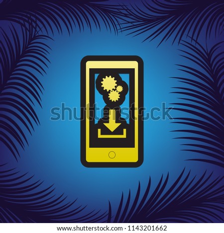 Phone settings. Download and install apps. Vector. Golden icon with black contour at blue background with branches of palm trees.