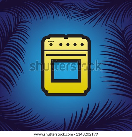 Stove sign. Vector. Golden icon with black contour at blue background with branches of palm trees.