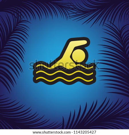 Swimming water sport sign. Vector. Golden icon with black contour at blue background with branches of palm trees.
