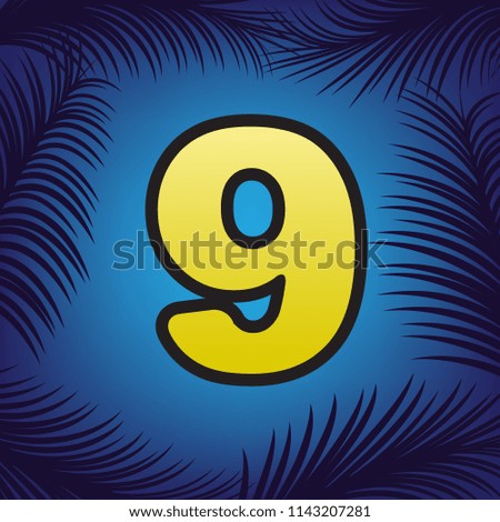Number 9 sign design template element. Vector. Golden icon with black contour at blue background with branches of palm trees.
