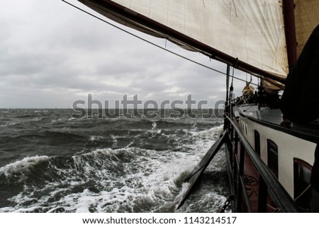 Black and white view of historical sailing ships at sea, the Netherlands