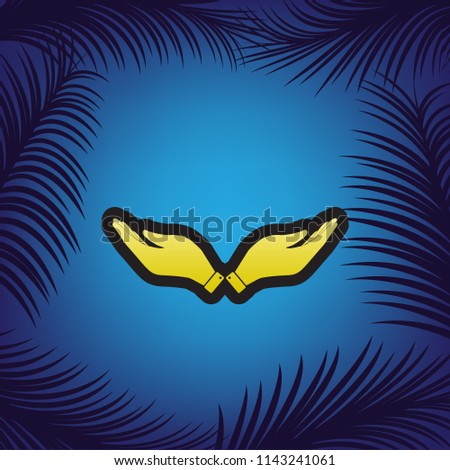 Hand sign illustration. Vector. Golden icon with black contour at blue background with branches of palm trees.