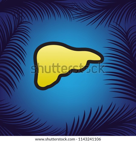 Human anatomy. Liver sign. Vector. Golden icon with black contour at blue background with branches of palm trees.