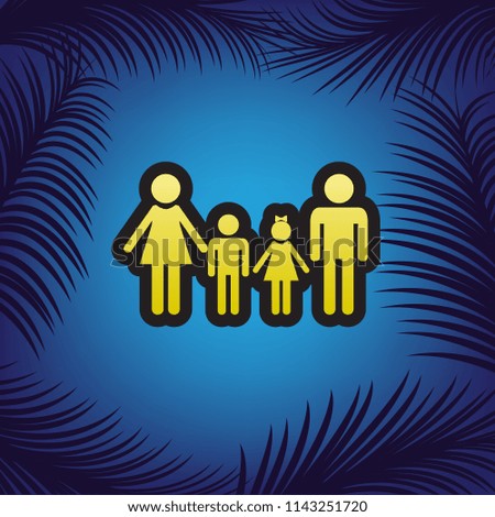 Family sign. Vector. Golden icon with black contour at blue background with branches of palm trees.