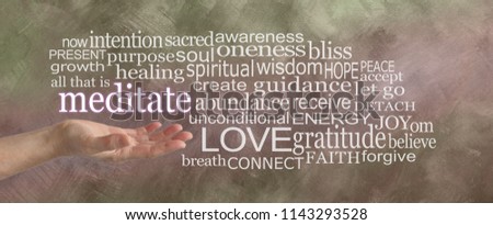 Meditation Word Tag Cloud - female hand with palm up and the word MEDITATION floating above surrounded by a relevant word cloud on a painterly neutral colour brush stroke effect background
