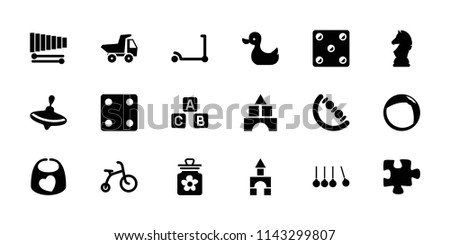 Toy icon. collection of 18 toy filled icons such as child bicycle, kick scooter, whirligig, dice, puzzle, xylophone, chess horse. editable toy icons for web and mobile.