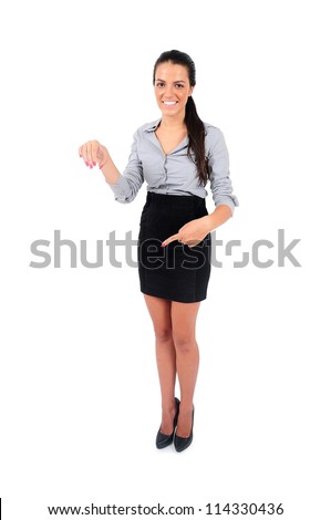 Isolated young business woman leaning something