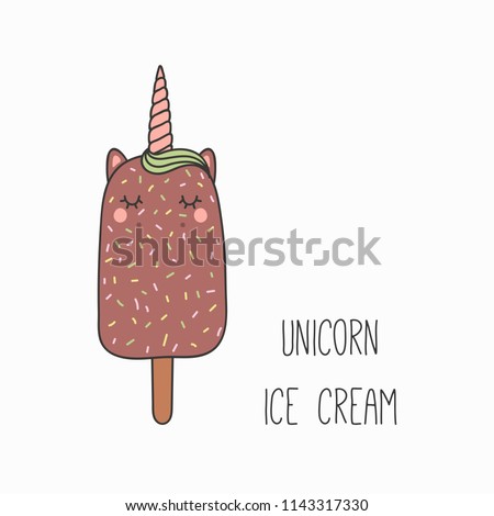 Hand drawn vector illustration of a kawaii funny ice cream bar with unicorn horn, ears, with text. Isolated objects on white background. Line drawing. Design concept for cafe menu, children print.