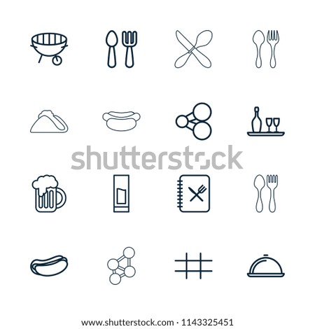 Menu icon. collection of 16 menu outline icons such as fork and spoon, share, hot dog, bbq, beer mug, grid, dish, drink. editable menu icons for web and mobile.