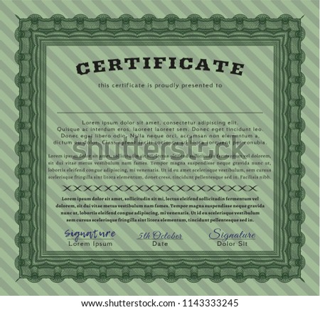 Green Certificate of achievement template. Money style design. Vector illustration. With background. 