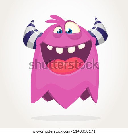 Happy cool cartoonflying monster. Purple and horned vector monster character