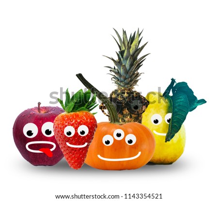 Set of various funny cartoon fruits with emotions