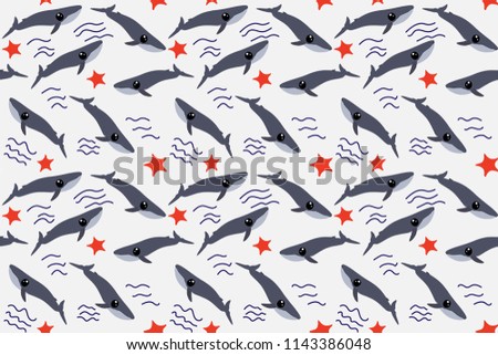 Seamless Wallpaper.Cute blue whale and starfish.Marine life.Vector illustration.Original ocean fabric design, wrappers...