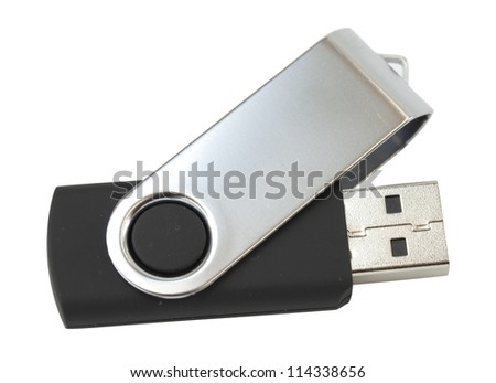 Black and silver USB stick isolated on white background Royalty-Free Stock Photo #114338656