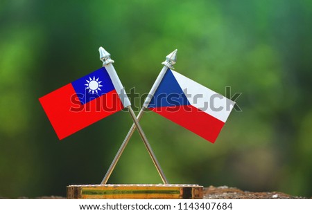 Czech Republic and Taiwan small flag with blur green background