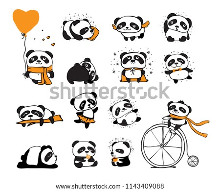 Panda doodle kid set. Simple design of cute pandas perfect for kid's card, banners, stickers and other kid's things.