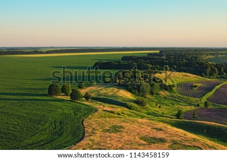 Aerial view over the agricultural fields on a sunny summer day. Kyiv region, Ukraine.