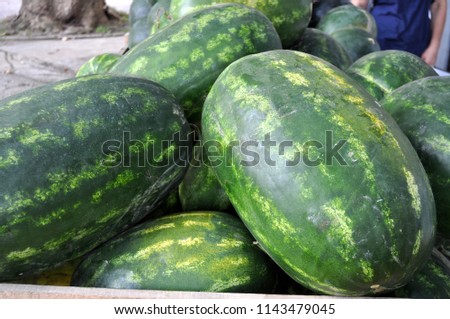 Large watermelons at the booth. Photography taken at the local market in Maglaj, BIH