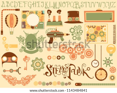 Illustration of Steampunk Design Elements from Hat, Board and Cogwheels