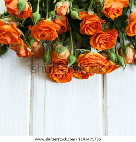 Bouquet of beautiful red roses on white wooden table.
