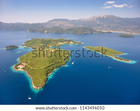 Stunning aerial view of Skorpios island and Skorpidi island. In distance is Nidri town in Lefkada island- Greece. Drone photography .