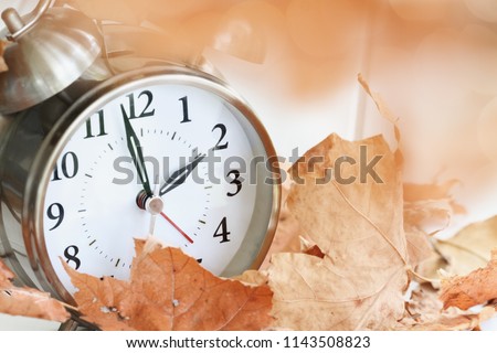 Alarm clock in fallen autumn leaves with shallow depth of field. Daylight savings time concept with clock hands at almost 2 am.