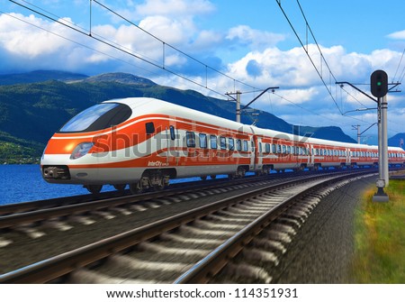 3D rendered image with original design: high speed train driving across mountain scenery with motion blur effect Royalty-Free Stock Photo #114351931