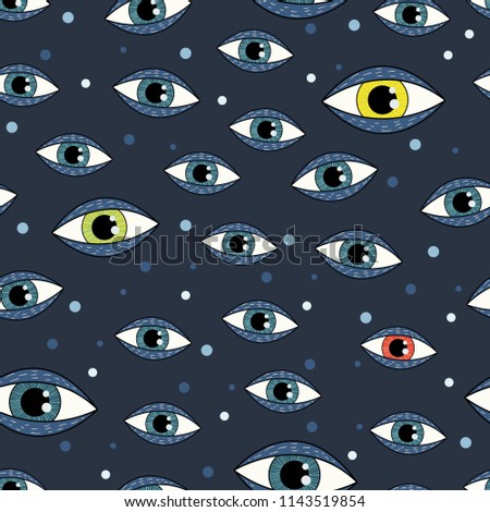 Seamless pattern with eyes on dark background. Halloween theme. Cartoon style. Great for holidays, greeting cards, halloween elements.