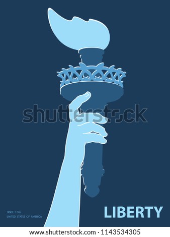 Hand with torch. Silhouette. Blue Linear image. USA. Poster. Statue of Liberty. Symbol of America. Illustration, dark background. Use a presentation, report,leaflet, pen for writing,flat banner,vector