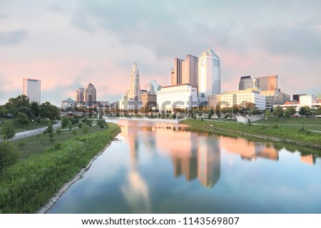 Columbus, Ohio  riverfront along the Scioto River.  The Scioto Mile pathways create a popular park area in the downtown district of the city.