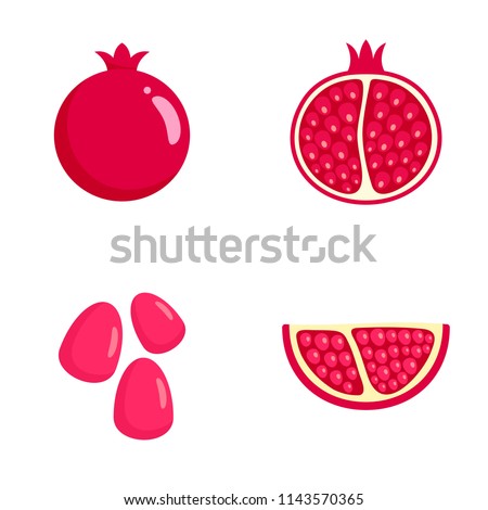 Pomegranate juice seeds garnet icons set. Flat illustration of 4 pomegranate juice seeds garnet vector icons isolated on white Royalty-Free Stock Photo #1143570365