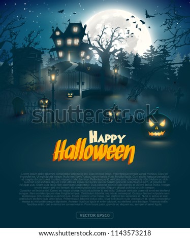 Scary graveyard and house in the woods - Halloween background