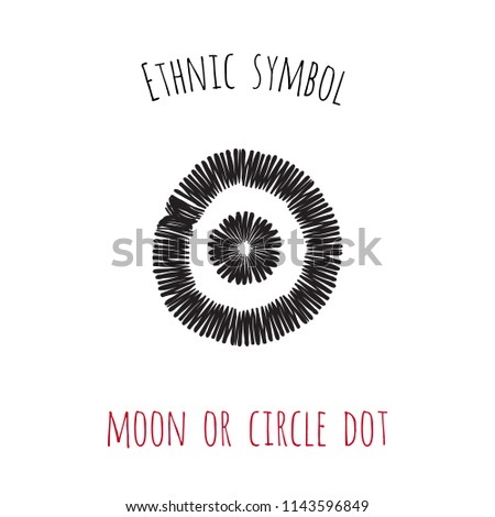 Ethnic symbol: moon or circle dot. Hand drawn aztec shapes in ethno boho style. Minimalist black graphic on white background. Vector art.