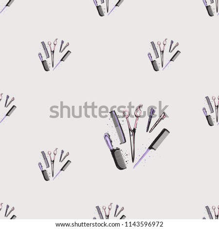 Seamless pattern with hairdresser tools. Vector fashion illustrations with watercolor style paint splashes. Design for logo, t shirt and uniform for hairdressing salon.