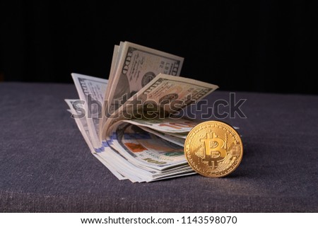 Golden bitcoin on hundred dollar bills with shocked Franklin. Cryptocurrency background