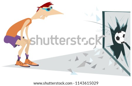 Cartoon football player has kicked a ball into a glass window illustration. Confused football player looks at glass window broken by ball vector
