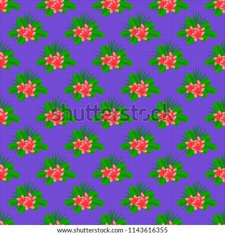 Seamless hand-drawn vector plumeria flower pattern in pink, violet and green colors.