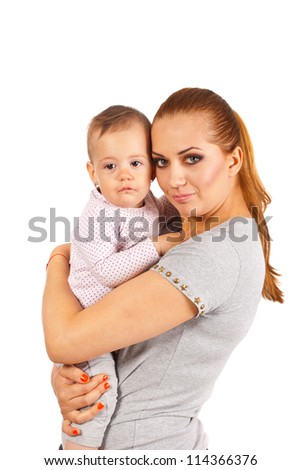Mother embracing crying baby girl isolated on white background
